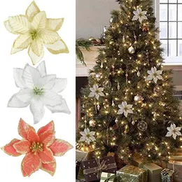 10pcs 12cm parıltı yapay çiçek Noel çelenk dekorasyon poinsettia düğün için sahte çiçek diy Noel ağacı ornament1285x