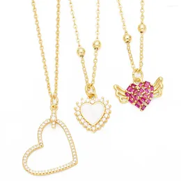 Hänghalsband Flola utsökta CZ Crystal Fuchsia Heart for Women Copper Gold Plated Angel Wings Dainty Jewelry NKEN15
