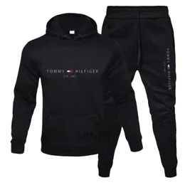 Tommyhilfiger Designer Sports Suit Qualidade Original Mens Casual Set Engrossado Camisola Impressão Duas Peças Set Com Capuz Sportswear Mens Wear 5AM4