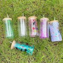 DIY-gåvor förborrerade sublimering 12oz snöklot klara dubbla muromgärdade BPA-gratis ölglas kan passa 3 mm glitter med bambu lock och halm för iskaffe, soda