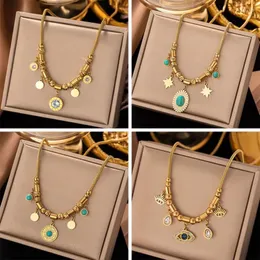 Necklace Earrings Set Fashion Stainless Steel Bracelet Women Devil's Eye Tree Life Natural Stone Pendant Collarbone Chain Jewelry Gift