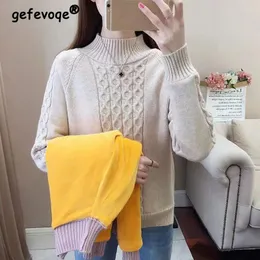 Kadın Sweaters Sonbahar Kış Kış Yarım Yakalı Düz ​​Renkli Kazak Kadın Kalın Sıcak Jumpers Velvet Alt Örgü Kültürü Ekle