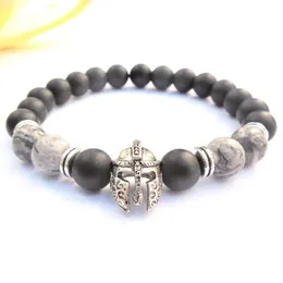 MG0779 Mapa Jasper Pulseira Para Homens Capacete Guerreiro Jóias Mens Preto Fosco Onyx Espartano Pulseira Gladiador Bracelet285P