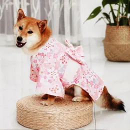 Cão vestuário animais de estimação impresso quimono com cinto de bowknot elegante estilo japonês cintura fivela mágica decote snap botões roupas para cães gato