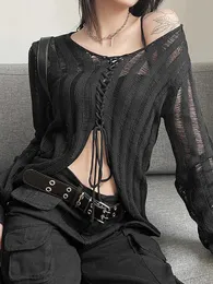 Goth escuro shopping gótico ver através da blusa de bandagem grunge preto casual sexy malhas tshirt y2k manga longa streetwear feminino topos 240123