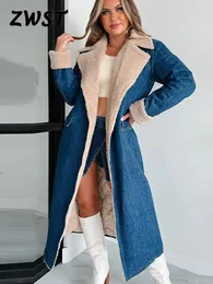 Elegancka dżinsowa wiatroodporna damska wentylator z elastyczną klapą i koronkowymi podwójnymi kieszeniami długi płaszcz ciepły i wiatrakowy wentylator na jesień i zimę 240131