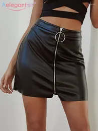 Saias Aelegantmis Sexy Zipper Slim Cintura Alta Couro Mulheres Moda Escritório Senhora Mini Saia Feminina Preto A-Line Curto