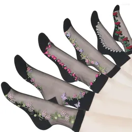 Frauen Socken frauen Stickerei Blumen 2024 Sommer Damen Mädchen Transparente Spitze Mesh Floral Strumpfwaren Gaze Socke Für Arbeit