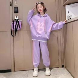 Clothing Sets Girls Casual Sweatshirt Set Autumn Clothes Kids Letter Printed Splicing Hooded Top Long Pants 2 Pcs 3-15Y Teenagers Trend