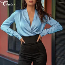 Damenblusen, Damen, Satin, elegantes Slik-Shirt, Celmia, sexy V-Ausschnitt, Langarmshirts, Frühlings-Herbst-Casual-Oberteile, Büro-Blusas Femininas