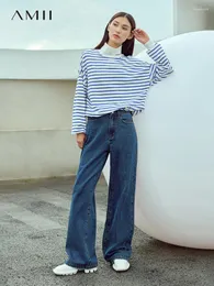 Jeans femininos amii minimalismo estilo hong kong 2024 outono retro calças de perna larga lavado algodão calças retas 12343162