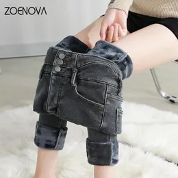 Kvinnors jeans zoenova varma termiska kvinnor vinter y2k kvinnliga denim byxor jean kvinna sträcker hög midja retro mager tjockare mamma 2024