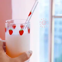 Drinking Straws 300Ml Girl Heart Cute Strawberry Milk Cup Glass With Print Sippy Mug Simple Fruit Drink Summer Water