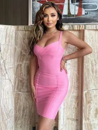 캐주얼 드레스 Beaukey Pink Maxi Elastic Bandage Dress Luxury Woman Belt Sashes Corset Bodycon Elegant Zipper Plunge v Evening Vestidos