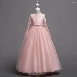 Abiti da ragazza di buona qualità in tulle di pizzo elegante abito lungo da principessa con maniche da ballo per ragazze per la festa di compleanno di spettacolo di nozze