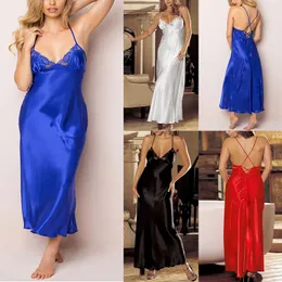 Women's Sleepwear Satin Nightgown Long Slip Sleep Dress Silk V-Neck Sling Halter Female Lace Embroidery Nightwear Nighties