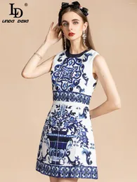 Lässige Kleider Ld Linda Della Modedesigner Sommer Mini Kleid Frauen elegant blau und weiße Porzellan Druckhülse