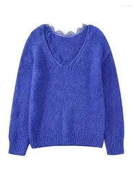 Kvinnors tröjor Yenkye Fall Women Blue Lace Patchwork Knit Tröja Vintage V Neck Långärmad Kvinnlig tröjor