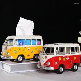 Estatuetas decorativas modelo de ônibus criativo suporte de papel nostálgico retro ferro forjado carro em miniatura caixas de tecido casa decoração ornamento presente