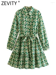 Casual Kleider Zevity Frauen Mode Geometrische Druck Bogen Schärpen Mini Hemd Kleid Büro Dame Chic Breasted Saum Rüschen Vestidos DS3889