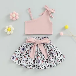 Set di abbigliamento Completi estivi in 2 pezzi per bambina da bambina Canotte monospalla rosa senza maniche e set gonna con stampa leopardata a farfalla