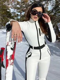 Утепленные лоскутные водонепроницаемые лыжные костюмы женские тонкие с длинными рукавами и воротником-стойкой ремень женские комбинезоны элегантный комбинезон женский 240129