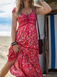 Casual Dresses Wsevypo Boho Floral Maxi Strandkleid Sommer Frauen Schnürung vorne Kurzarm A-Linie Lange Urlaub Party Plus Size Kleidung