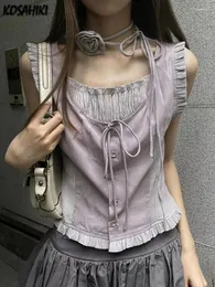 Women's Tanks Summer Patchwork Contrast Color Women Harajuku Bandage Sleeveless Tops Fairy Korean Fashion Casual Camisole Y2k Aesthetic