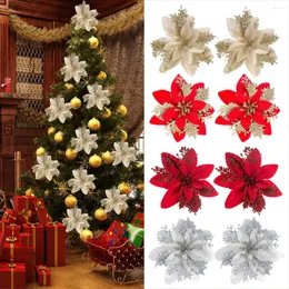 Dekorativa blommor 5/10st Glitter Artificial Christmas Red Gold Poinsettia Flower Head Xmas Tree Ornaments Decoration Home Year Decor