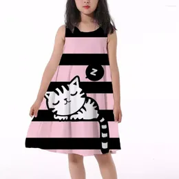 Girl Dresses 3D Print Cat Dress Girls Gift Color Pink Black Stripe Irregular Tutu 2-14Y Children Kids Summer