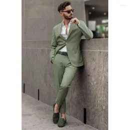 Men's Suits Dousha Green Men Blazer Elegant Full Set Smart Casual Single Breasted Notch Lapel Skinny 2 Piece Jacket Pants Tailor-Made