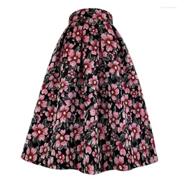 Saias 2024 inverno elegante mulher vintage retro cintura alta rosa floral em relevo longo preto maxi saia para festa ano festival