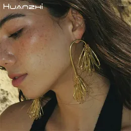 Dangle Earrings HUANZHI Gold Color Double Pine Needle Tassel For Women Copper Plated Exaggerated Jewelry Gifts 2024 Summer Trend