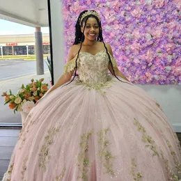 Pink Gillter Quinceanera Dresses Off the Shoulder Gold Bow Beads Tulle Lace Up Appliques Ball Gown Birthday Party Dress Vestidos De 15 Anos