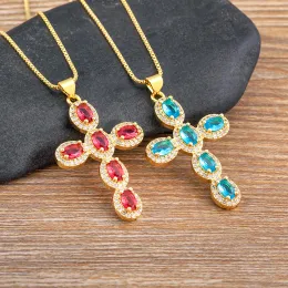 New Arrival 5 Colors Cross Pendant Necklace Women Men Link Chain 14k Yellow Gold Big Zircon Shine Wedding Exquisite Jewelry