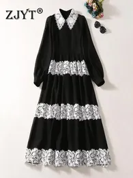 Sukienki zwyczajne Zjyt jesienne zima koronkowa patchwork Midi Black for Women 2024 Eleganckie imprezowe vestidos Długie rękawie Zrzuć kołnierz