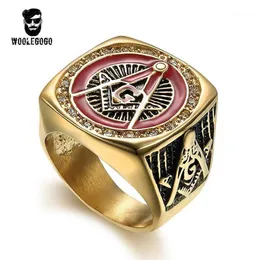 Hela röd emalj Masonisk ring Mens Rhinestone Gold Rings Vintage 316L rostfritt stål Masonry CZ Ring Punk Men smycken GIF223H