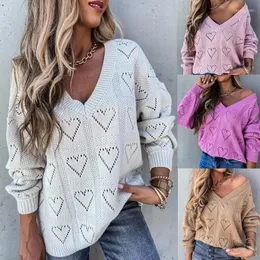 Kvinnors tröjor Casual Solid Color Sweater Women Jumper Pullover Tops Fashion Lady Hollow Out Heart Shape V Neck Ribbed Sticked S-2XL