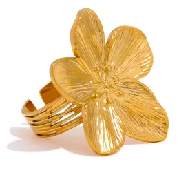 Wasserdichter 14-Karat-Gelbgold-Blume-großer offener Ring für Damen, trendiger Mode-Party-Sommer-Statement-Schmuck