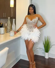 Branco brilhante curto vestidos de festa de baile para mulheres luxo diamante cristal avestruz pena vestido de aniversário para menina negra