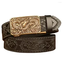 Belts Men's Luxury Brand Dragon Pattern Automatic Buckle Belt Genuine Leather Male For Men Fashion High Quality Cowhide Vintage