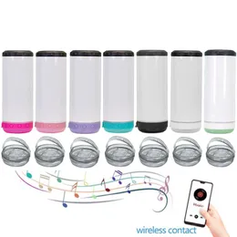 16oz 4 in 1 Music Cups Sublimation Blanks Straight Speaker Tumbler Can Cooler Stainless Steel Vacuum Insulated Bottle With Waterproof Wireless Bluetooth Speaker