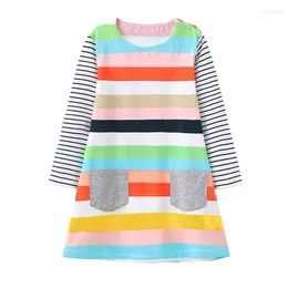 Flickaklänningar hoppande mätare 4-10T Ankomst Barnprinsessflickor Fickor Randig Autumn Spring Long Sleeve Frocks Baby Dress