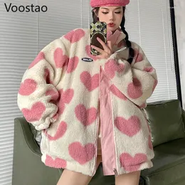 Trench da donna Dolce usura su entrambi i lati Lana di agnello ispessita Autunno Inverno Coreano Giacche con stampa a cuore sciolto Harajuku Semplice Parka Top