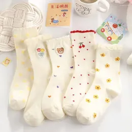 Kvinnors strumpor Kvinnstrump Set tecknad tryckt Little Bear Liten Yellow Flower Kawaii Pure Cotton Lace Casual and Versatil