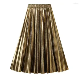 Юбки TIGENA Y2K, металлическая блестящая юбка для женщин, весна 2024, модная трапециевидная юбка с высокой талией, плиссированная миди, длинная женская золотистая, серебряная юбка