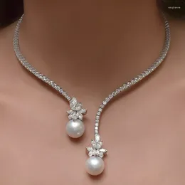 Necklace Earrings Set Fashion Exquisite Flower Big Pearl Write Zircon Chain For Women Party Birthday Jewelry