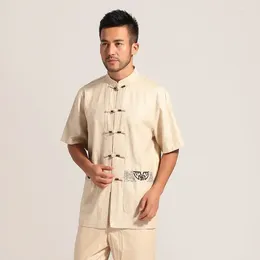 Men's Casual Shirts 2024 Men Oriental Gray Beige Short Sleeve Tops Mandarin Collar Chinese Button Design Auspicious Pattern Embroidery