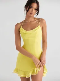 기본 캐주얼 드레스 Suninheat 고품질의 가벼운 비치 로브 슬립 벨스 미니 드레스 독특한 주름시기 여름 섹시 파티 옐로우 여자웨어 J240130