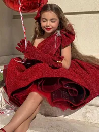 new Burgundy Flower Girl Dresses For Wedding one shoulder red sequined Floral Tiered Skirts Girls Pageant Dress ball gown Kids Birthday Gowns Little Girl party Dress